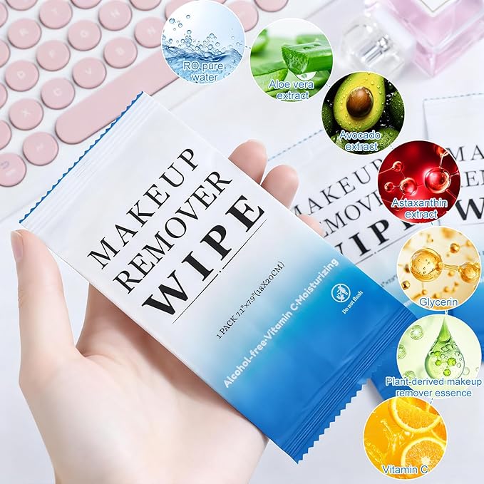 200 Pcs Individual Makeup Remover Wipes,Wrapped Travel Makeup Wipes,Alcohol Free Face Cleansing Wipe, Remover Wipe with Vitamin E for Hotel and Travel