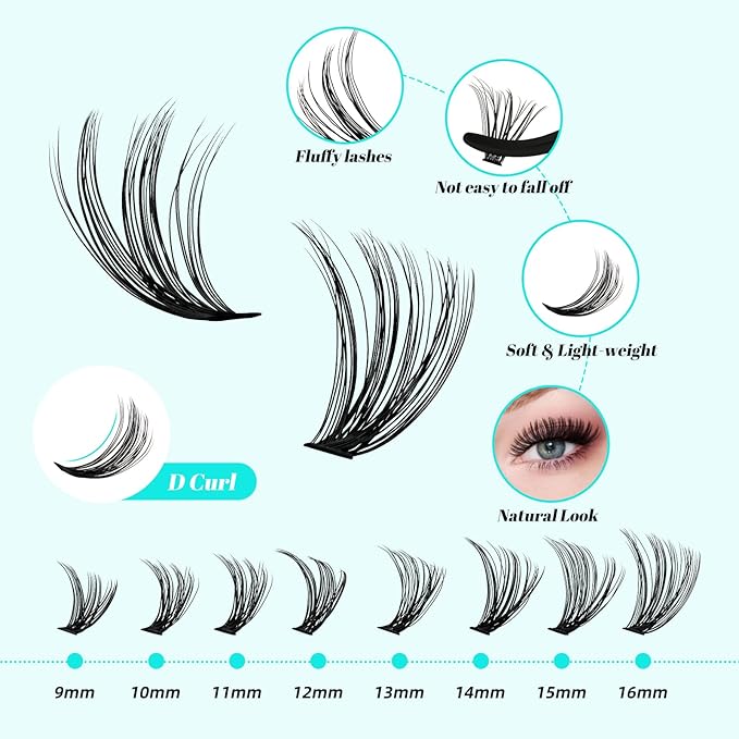 Lash Clusters Kit 320Pcs,DIY Individual Lashes Extension Kit,Lash Bond And Seal,Lash Remover For Eyelashes Extensions,Lash Applicator Tool For False Eyelash Cluster Kit At Home(3040D,D-Mix9-16mm Kit)