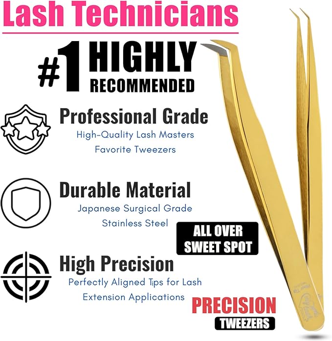 2pcs Fiber Tip Lash Tweezer Set – Boot Mega Volume Tweezer & Straight Isolation Tweezer, Precision Stainless Steel Lash Extension Tools, Non-Slip Grip, Tweezers for Classic & Volume Fans (Gold)