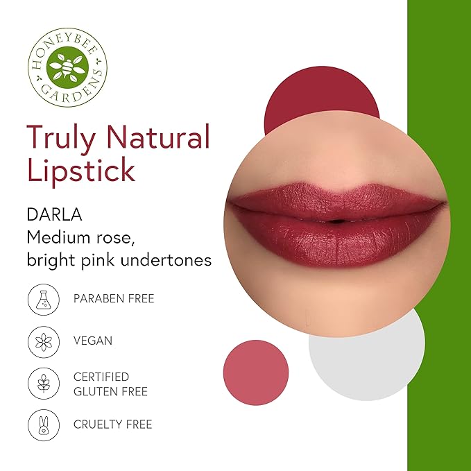 Honeybee Gardens Truly Natural Long Lasting Lipstick, Darla, Medium Rose with Pink Undertones, Naturally Hydrating & Nourishing, Vegan, Gluten-Free & Cruelty-Free, 0.11oz/3g