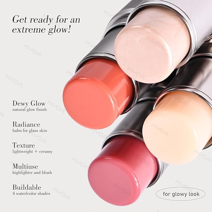 KYDA Champagne Highlighter Stick, Sheer Shimmer Glow Face Highlighter, Radiance Balm for Glass Skin, Lightweight Creamy Multiuse Makeup Stick, Buildable Watercolor Makeup Balm