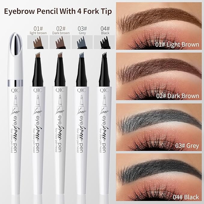QIC Eyebrow Pencil, 3D Waterproof Microblading Brow Pen with 4 Fork Tip, Natural Makeup Long-Lasting Fine Stroke Brow Tattoo Pen (Dark Brown)