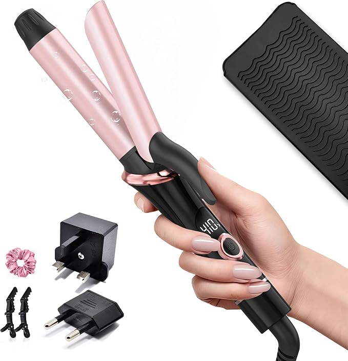 Travel Curling Iron 1 Inch, Dual Voltage Curling Iron 110-240V with European Plug,Small Curling Wand for Women & Short Hair, 5 Temp Digital Settings, Auto-Off, Anti-Scald Cover,Heat-Resistant pad