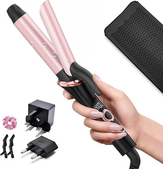 Travel Curling Iron 1 Inch, Dual Voltage Curling Iron 110-240V with European Plug,Small Curling Wand for Women & Short Hair, 5 Temp Digital Settings, Auto-Off, Anti-Scald Cover,Heat-Resistant pad
