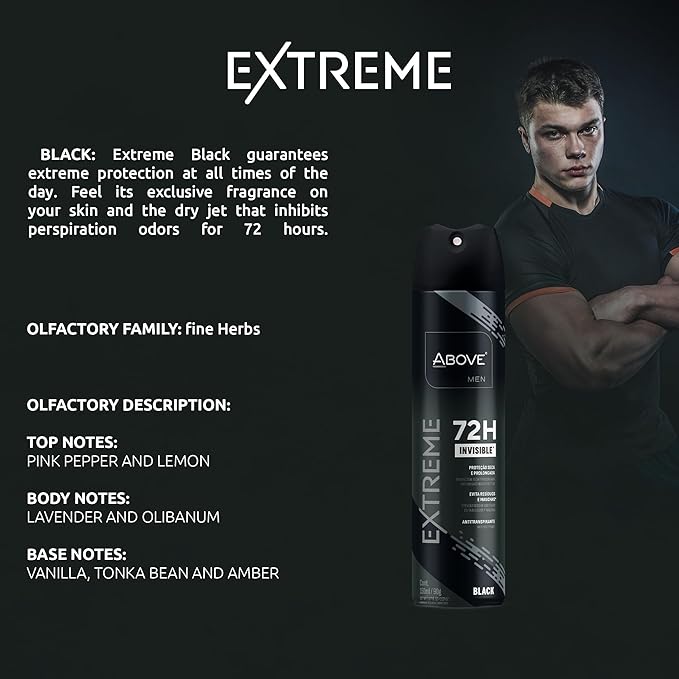 ABOVE Extreme Men Black - 72H Antiperspirant Spray Deodorant for Men 5.07 Fl Oz(4 Pack) | Aluminum-Free | Fresh Mist, No Stain, No Alcohol, Long-Lasting Men's Deodorant Spray | Lavender and Oliban