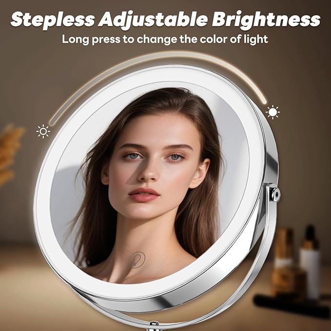 20X/1X Lighted Vanity Makeup Mirror, 3000mAh Rechargeable Height Adjustable Double Sided Magnifying Mirror, 3 Color Light, Brightness Adjustable, 360° Rotation, Women Gift