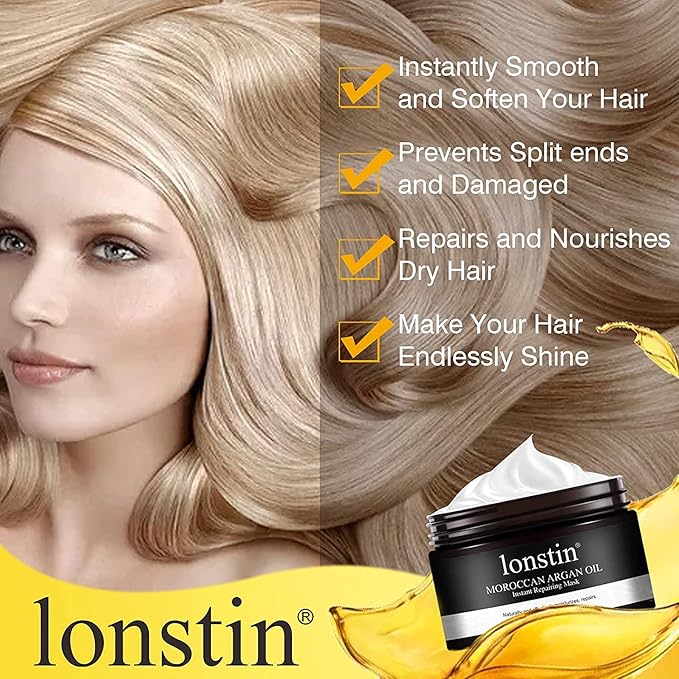 lonstin Hair Treatment Mask, Argan Oil Hair Mask Deep Conditioner Keratin Hair Mask Treatment for Dry Damaged Hair, Anti-Frizz & Split Ends, Hydrating Hair Repair Mask for Men Women, 10.14 Fl Oz