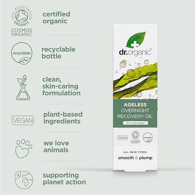 Dr. Organic Ageless Overnight Recovery Oil with Seaweed | Smoothing and Plumping, Maximum Hydration for All Skin Types, Dermatologically Tested, Certified Organic, Paraben & SLS-Free, 30 mL / 1 fl oz