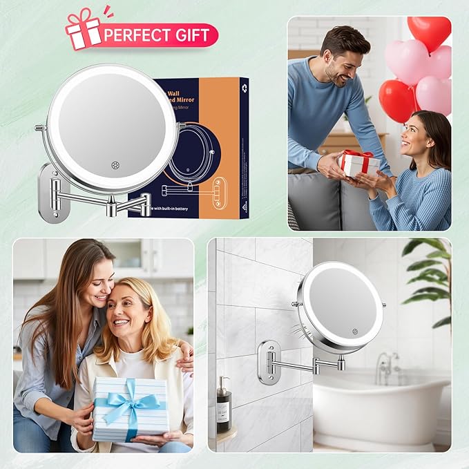 FUNTOUCH 5000mAh Rechargeable Wall Mounted Makeup Mirror with Lights,Double Sided 1X/30X Magnifying,3 Color Lights,Touch Dimmable, Extended Arm 360 Rotation Lighted Bathroom Mirror with Magnification
