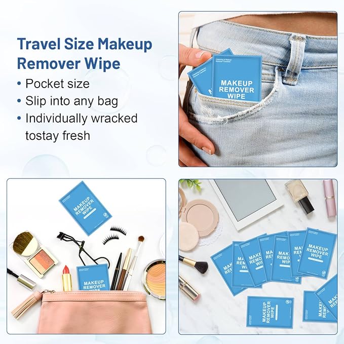50 Count Makeup Remover Wipes Individually Wrapped, Travel Individual Wet Wipes Bulk, Gentle Cleansing for Face Mascara Lipstick, Single Makeup Removing Wet Wipes