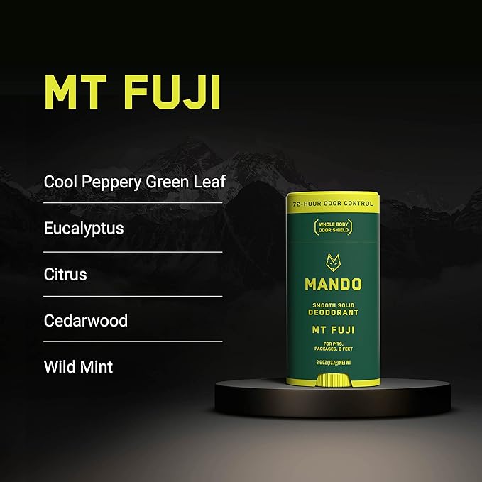Mando Smooth Solid Stick (2.6 Ounce) + Acidified Body Wash (8.5 Ounce) - Clinically Proven to Block Odor All Day - Whole Body Safe For Pits, Packages + Feet (Mt. Fuji)