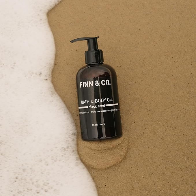 FINN & CO. Black Sand Bath & Body Oil - Lightweight, Fast-Absorbing, Paraben & Cruelty Free - Moisturizing Jojoba & Apricot Oil - Beach-Inspired Hydrating & Nourishing Fragrance | 8 oz