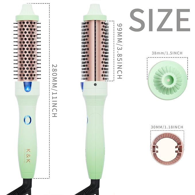 K&K Brush 30, 1.18 Inch Hot Styling Brush, Ionic Curling Iron with Tourmaline Ceramic Barrel, Professional Hair Curler up to 356°F, Dual Voltage Hair Waving Style Tool for Traveling