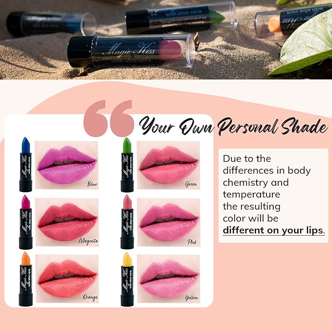 Magic Kiss Color Changing Matte 6 Piece Lipstick Set infused with Aloe Vera Made in USA (Colors of Aloha 1)
