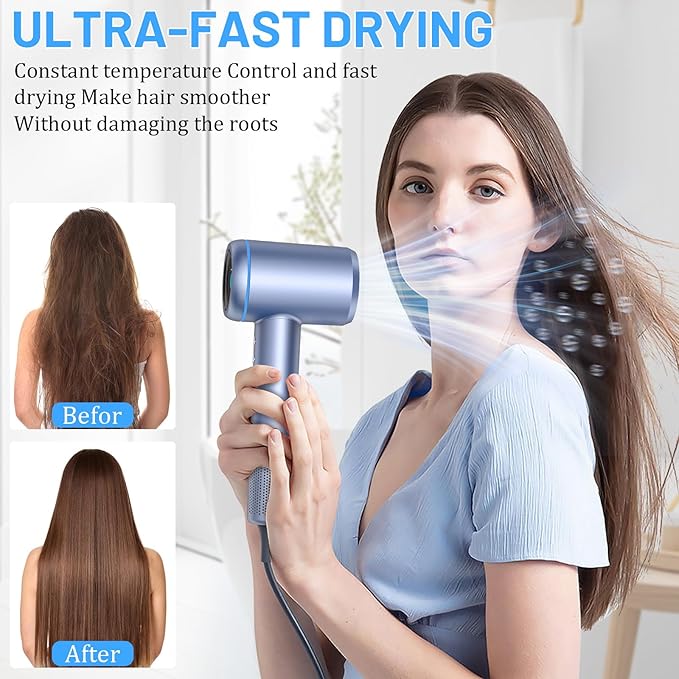 AOMEES Hair Dryer, 1600W Professional High Speed Ionic Hair Dryer with HD Display, 4 Temperature Modes and 3 Speed with Memory Function, Sky Blue, Metal