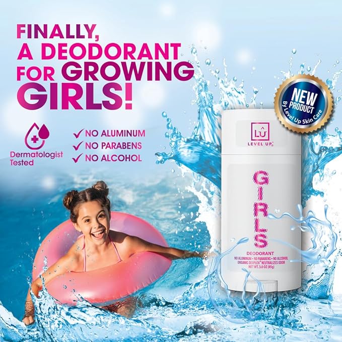 Level Up Girls Deodorant: Aluminum-Free, Alcohol-Free, Paraben-Free, 24 Hr Odor Protection, Clean Fresh Scent, Kids & Tweens, Made in the USA