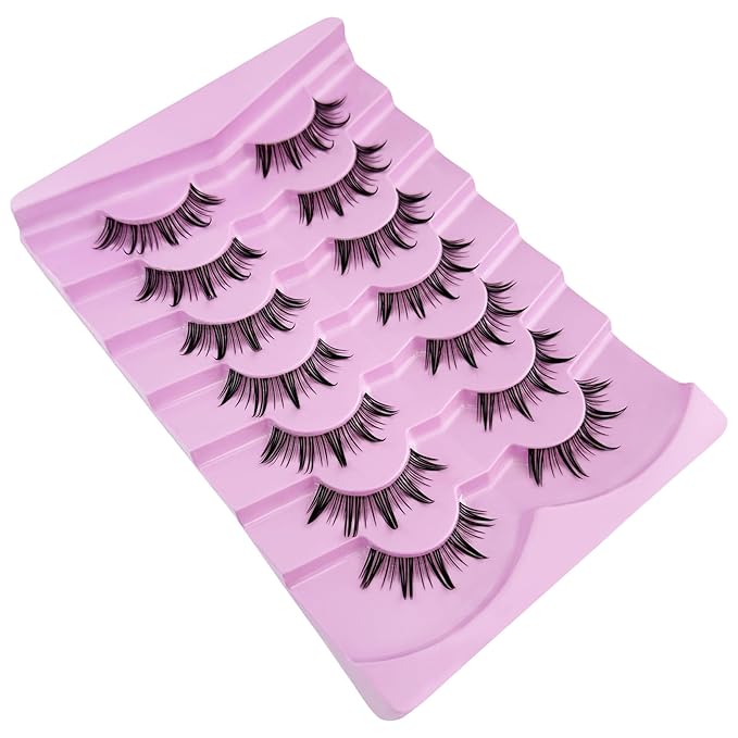 Fairy Lashes Manga Lashes Yasnai Clear Band False Eyelashes Wispy Lashes Fake Lashes Natural Look Eyelashes Wet-Look Spiky Anime Strip Lashes 7 Pairs Pack