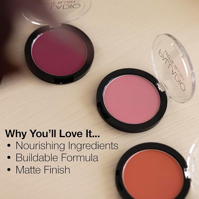 Palladio Matte Blush, Brushes onto Cheeks Smoothly, Soft Matte Look and Even Finish, Flawless Velvety Coverage, Effortless Blending Makeup, Flatters the Face, Convenient Compact, Poised