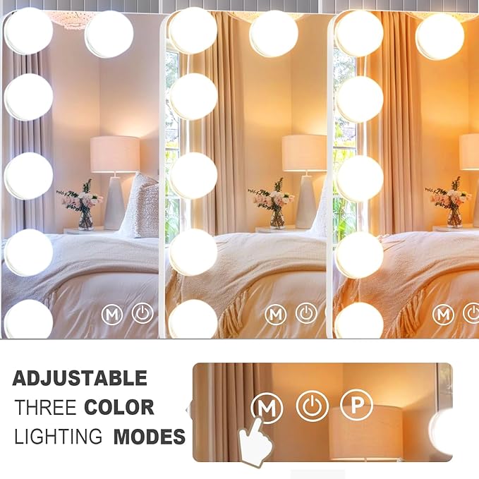 Hollywood Vanity Mirror with Lights, 9.8" x 11.8" Lighted Makeup Mirror with 12 LED Dimmable Bulbs, 3 Color Modes, USB Charging Port Touch Control, 360°Rotation
