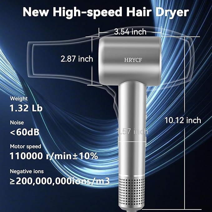 High Speed Hair Blow Dryer｜Professional Salon Grade Air Speed, Negative Ion Hair Care｜Quiet Design｜Suitable for Thick Hair/Styling with Nozzle & Diffuser, Long Motor Lifespan
