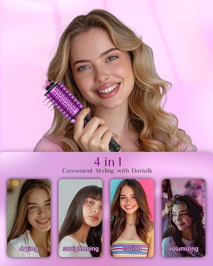 DORISILK Small Dual Voltage Blow Dryer Brush for Travel,4 in 1 Blow Dryer Brush for Drying Straightening Curling Volumizing，Travel Hot Air Styler with European Plug，2 Inch Oval Barrel