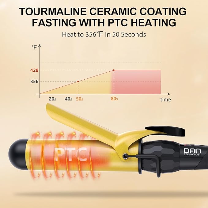 DAN Technology 1½ Inch Large Barrel Curling Iron Wand for Loose Waves, Tourmaline Ceramic Hair Curler with LCD Display (180°F–430°F), Fast Heating, Dual Voltage, Auto Shut-Off, Black & Gold