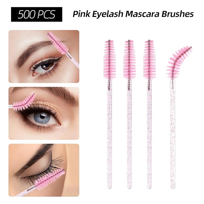 1500 PCS Eyelash Extension Supplies Kit, 500 Spoolies Mascara Wands 500 Lip Brushes 500 Micro Swabs Pink, Disposable Eyelash Brushes Makeup Applicator Tool with 3 Reusable Containers
