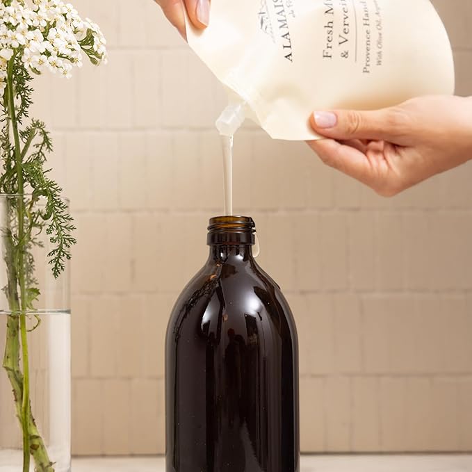 A LA MAISON Hand Soap Refill Pouch – Fresh Mint & Verveine – Liquid Hand Wash Refill, Eco-Friendly & Recyclable – Plant-Based, Biodegradable, Made in France – 16.9 fl oz – Amber Collection