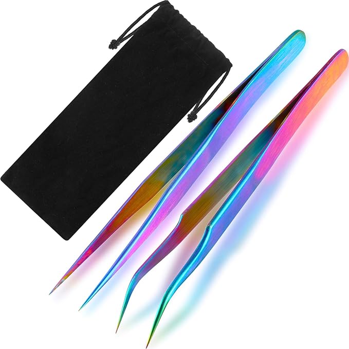 2 Pieces Straight and Curved Tip Tweezers Eyelash Extension Tweezers, Stainless Steel False Lash Application Tools (Iridescence)