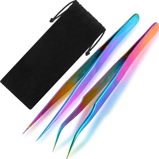 2 Pieces Straight and Curved Tip Tweezers Eyelash Extension Tweezers, Stainless Steel False Lash Application Tools (Iridescence)