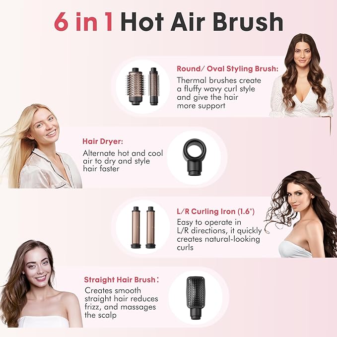 6 in 1 Blow Dryer Brush Set, Powerful Hair Dryer Brush with Auto-Winding Curl L/R, Fast Drying, Smooth Blowouts, Root-Lift Volume, No Heat Damage Frizz-Free Thermal Brush, Hot Air Styler for Travel