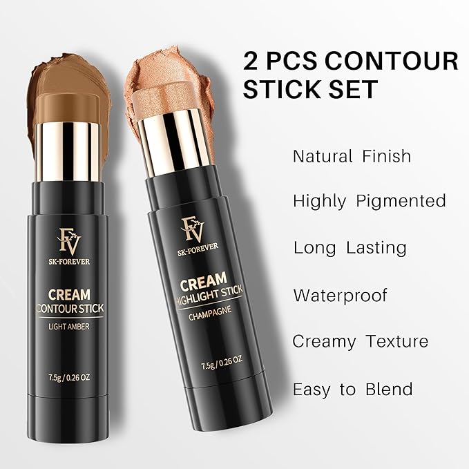 FV 2-Pack Contour and Highlighter Stick, Creamy, Waterproof, Long-Lasting - Natural Finish for Face Sculpting & Glow - Easy Blendable Contouring Stick, Travel-Friendly, 04 Light Amber & 03 Champagne
