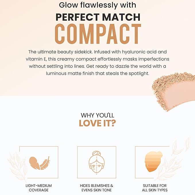 Colorbar Perfect Match Compact - Pressed Powder Foundation with Hyaluronic Acid and Vitamin E - Light to Medium Coverage - 003 Warm Beige - 0.3 oz