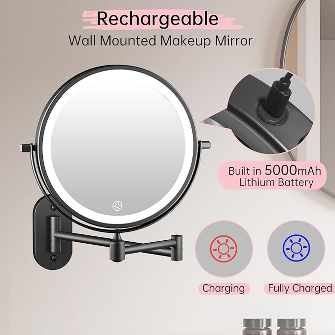 FUNTOUCH Rechargeable Wall Mounted Lighted Makeup Vanity Mirror 8 Inch Double Sided 1X 30X Magnifying Bathroom Mirror, 3 Color Lighting, Touch Dimming, Extended Arm 360 Rotation Light up Mirror Black