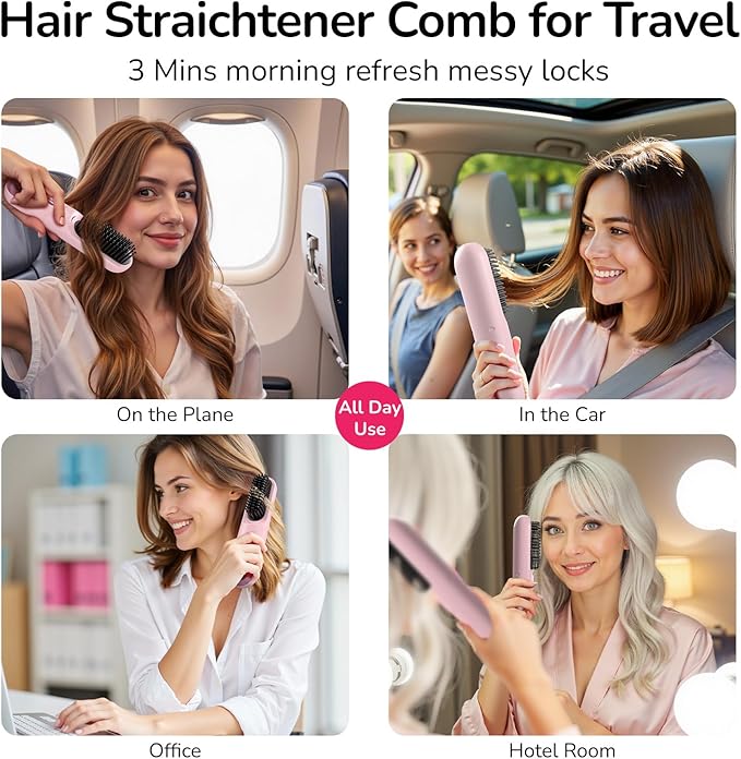 Go Brush Pro 2025 Hair Straightener Brush 300 Million Negative Ionic Portable Cordless Hair Straightener for Women with 4 Temps Fast Heating MCH Ceramic Coating Smooth Frizz - Free Hair Gift for Women