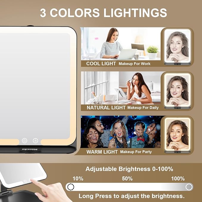 Mocado Travel Makeup Mirror with Light - 7x5 Inches Tripple Folding Travel Mirror with Light, 3 Colors Lighted Makeup Mirror, Portable Makeup Mirror, Freely Adjust Height and Angle(Black)