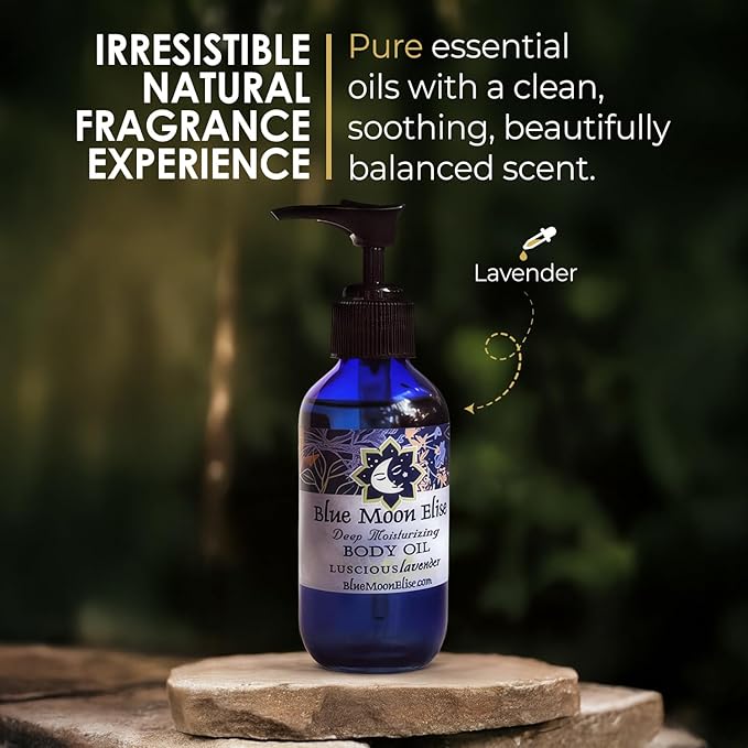 Blue Moon Elise Aromatherapy Body Oil - Hydrating Body Oil with Almond, Apricot & Coconut Oils - Scented with Pure Essential Oils for Women, Men & Dry Skin (Lavender 4 oz)