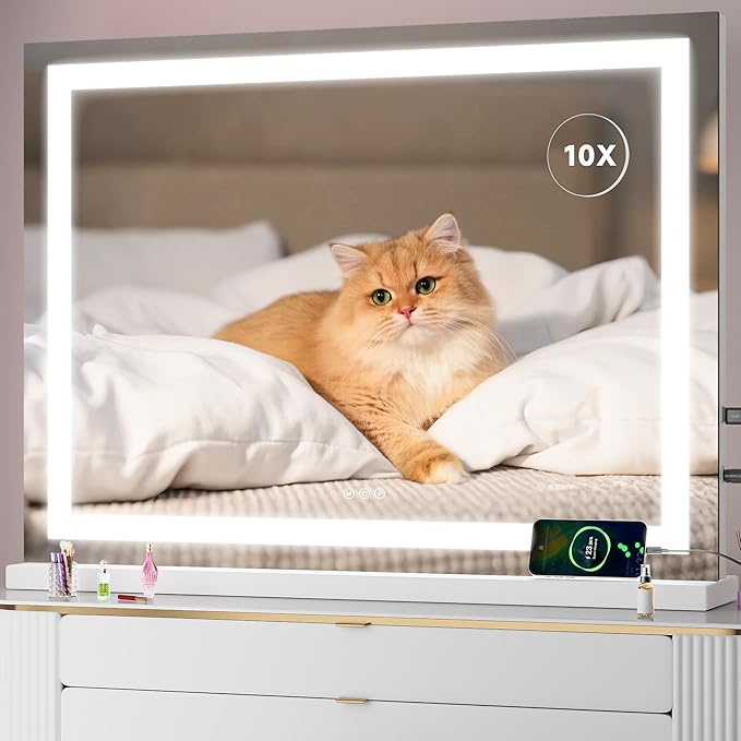 Vanity Mirror with Lights, 40" x 29" LED Makeup Mirror with 10X Magnification, Dimmable 3 Modes, Memory Function, Smart Touch, USB Charging Port, Lighted Makeup Mirror Square White