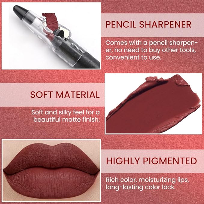 Brick Red Crayon Matte Lipstick Lip Liner Pencil, Moisture Smooth Lipstick Penil, With Pencil Sharpener Sharpenable Lip Pen Ultimate Lip Crayon for Women Easy to Apply Waterproof 14#
