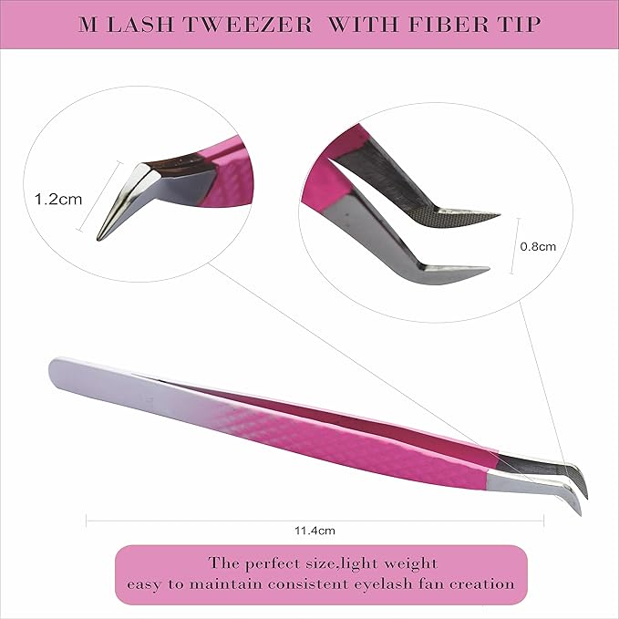 M LASH Tweezers for Eyelash Extensions (Set of 4) - Professional Lash Extension Tweezers - Fiber Tip, Japanese Steel, Diamond Grip Eyelash Extension Tweezer (PW-Ombre)