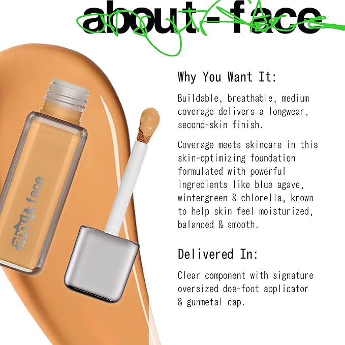 about-face THE PERFORMER Skin-Focused Foundation M3Warm – Medium Coverage, Long-Wear, Breathable & Buildable Base – Clean, Vegan, Hydrating Formula with Blue Agave & Chlorella – 1.08oz