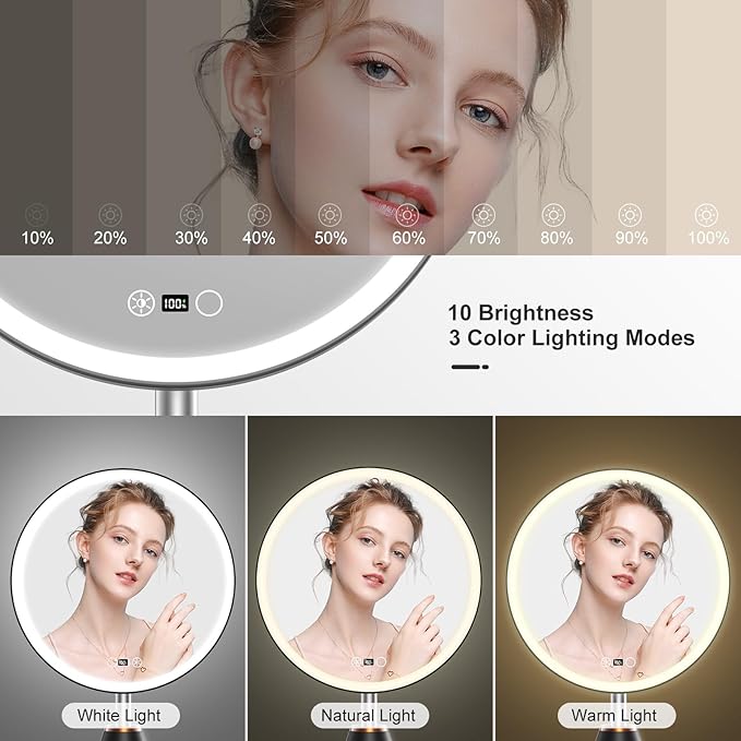 10.5" Professional Makeup Mirror with Lights, Rechargeable HD Vanity Mirror, CRI≥98 True-Sunlight, 3 Color Modes & Stepless Dimming, 5000mAh Battery, Ideal Gift for Women