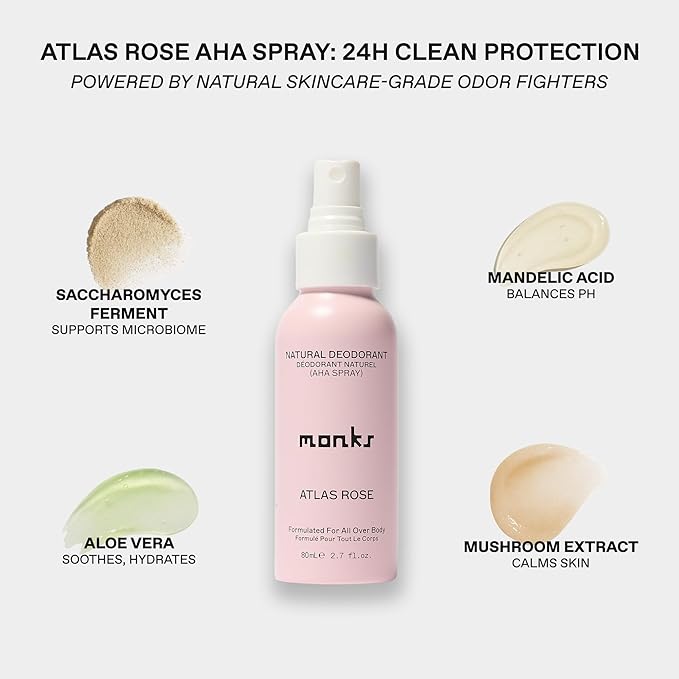 MONKS Whole Body Natural Deodorant Spray - For Women and Men, Aluminum-Free, Baking Soda Free, Probiotics, Organic AHA’s, Pure Essential Oils (Atlas Rose)