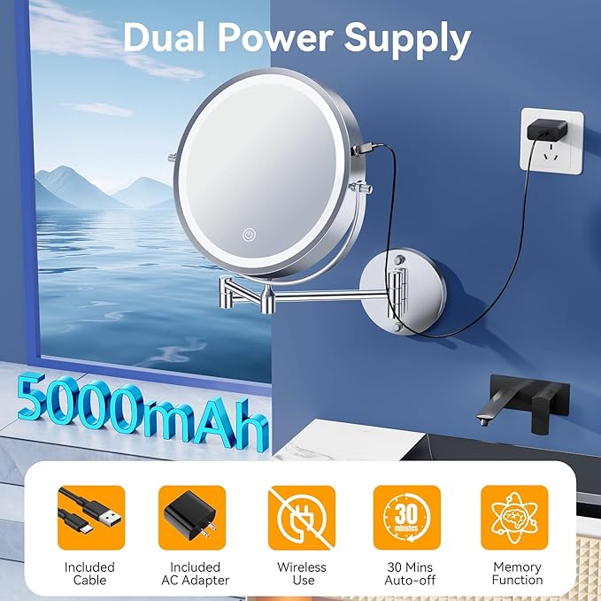 9'' 30X/1X Wall Mounted Lighted Makeup Mirror, 5000mAh Rechargeable Double-Sided Magnifying Mirror with Light, Vanity Mirror Touch Dimmable 3 Colors 360° Rotation Extended Foldable Arm, Power Adapter