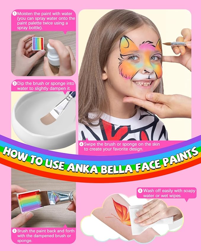 Anka Bella Professional Face Painting Kit for Kids Adults,Water Activated Split Cake Face Paint(12x10gm),Non-Toxic Face Paint Palette for Birthday Parties/Halloween/Carnival