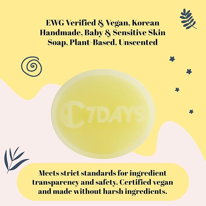 CDH7DAYS Baby & Sensitive Skin Soap Bar – EWG Verified, Vegan Certified, Korean Handmade Bar Soap, Plant-Based, Unscented Gentle Family Soap, Relax Care Intensive Bubble, 3.52 oz