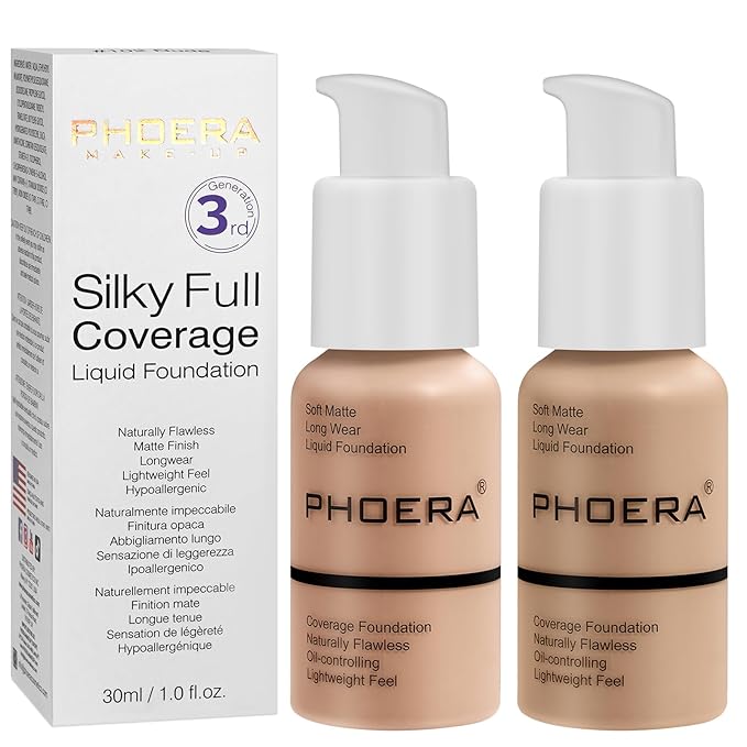 PHOERA Foundation, PHOERA Matte Liquid Foundation,PHOERA Makeup for Women, PHOERA Foundation Full Coverage Concealer, 30ml 24HR Matte Oil Control Concealer (103+104/Warm peach+Buff Beige)