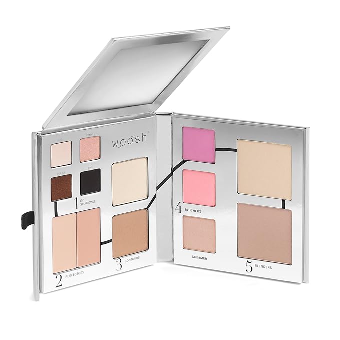 Woosh Beauty, Jetsetter Bundle in #1 Light, Fold out Face Original, Essential Brush Set, Travel Case in Hot Pink