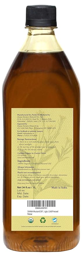 DAANA Mustard Oil for Skin: Certified USDA Organic, Extra Virgin, Cold Pressed (34 Fl Oz)