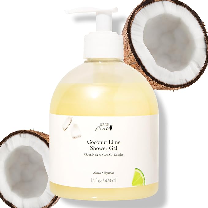 100% PURE Coconut Lime Shower Gel Natural Foaming & Hydrating Body Wash - Deeply Moisturizing Gentle Soap Cleanser for All Skin Types, Even Sensitive - Gluten-Free - 16 Fl Oz